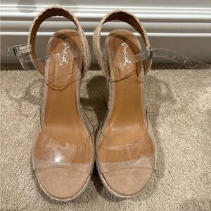 Qupid Clear Strap Tan Wedges